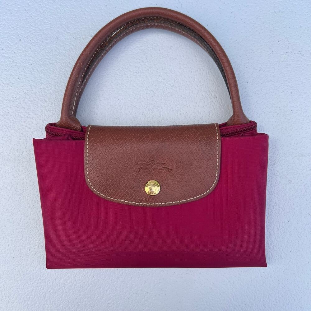LongChamp Le Pilage Womens Shoulder Tote Bag Red Nylon Brown Leather NEW